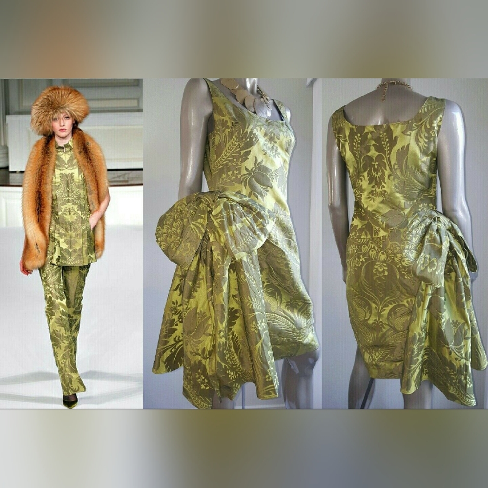 $4,900 OSCAR DE LA RENTA GORGEOUS GREEN TAFFETA SILK BOW RUNWAY DRESS US M 8